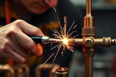 Technician expertly welding copper pipes in a workshop.