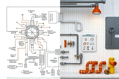 Schematic diagram and organized tools for pipe fitting.