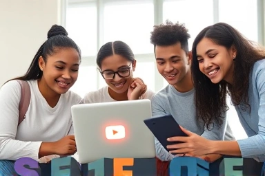 Students learning English online with YouTube