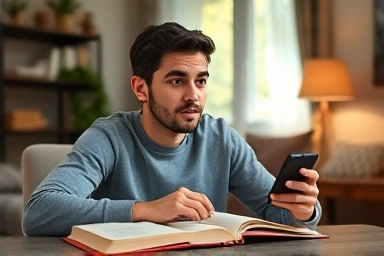 Person practicing English speaking alone at home.