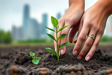 Planting a sapling symbolizes corporate sustainability and growth.
