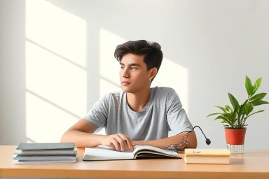 Student calmly preparing for exam, symbolizing focused review.
