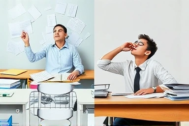 Contrast of chaotic vs. calm exam preparation, emphasizing strategic approach.