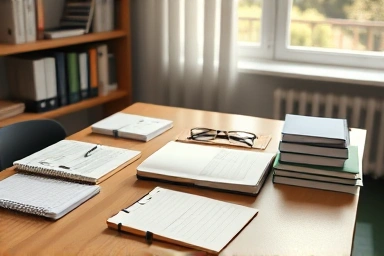 Organized exam preparation desk with checklist and focused individual.