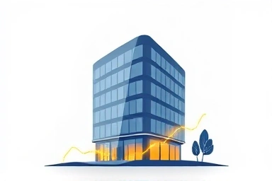 Modern finance building with abstract data streams symbolizing career growth.