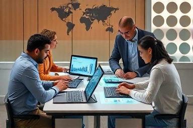 Financial professionals collaborating with digital displays, symbolizing innovation.