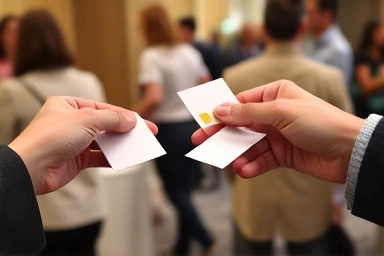 Business professionals exchanging contact information at a networking event.