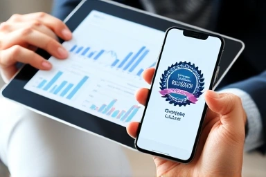 Hands using tablet and phone for finance certification