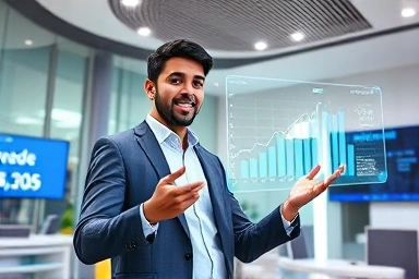 Finance professionals collaborating with digital tools and financial data.