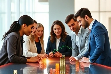 Finance professionals and AI data in a modern office.