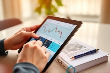 Hands using a tablet for financial research in a professional workspace.