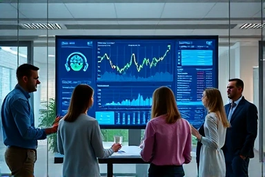 Financial professionals collaborating on future tech