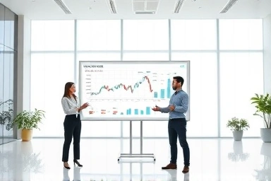 Financial professionals collaborating in a bright, modern office.