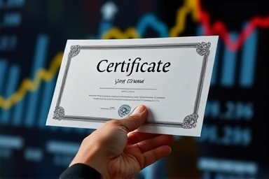 Close-up of a glowing financial certificate, representing career achievement.