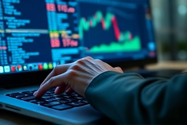 Hands typing on a futuristic keyboard with financial data on screen.