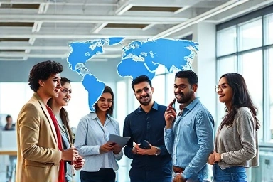 Global professionals collaborating with AI in a modern office