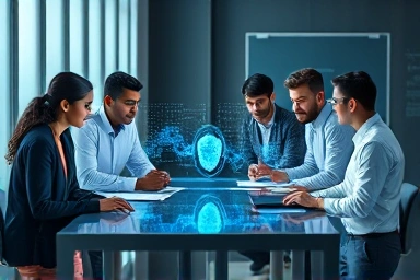 Professionals collaborating with holographic data and AI models.