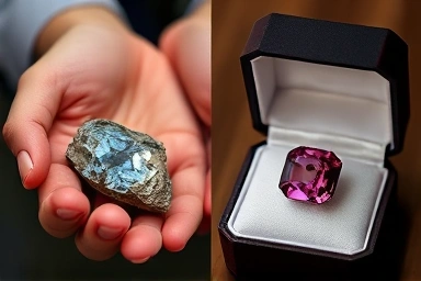 Transformation of rough gemstone to polished gem.