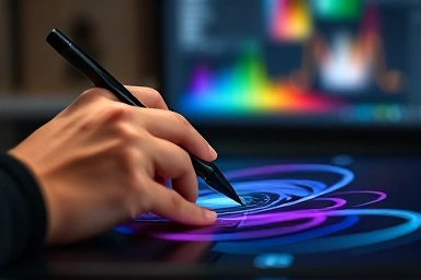 Hands using stylus on digital tablet, Photoshop interface background