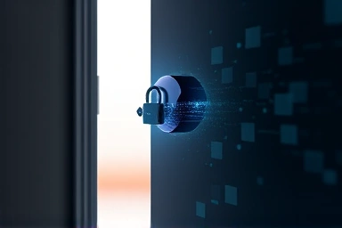 Pixelated key unlocking a door, symbolizing digital skill opportunities