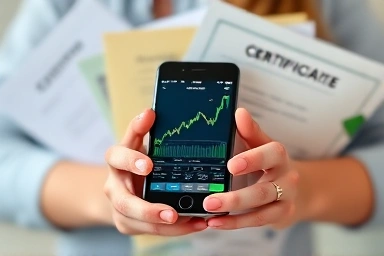 Hands holding financial certifications and a stock market app.