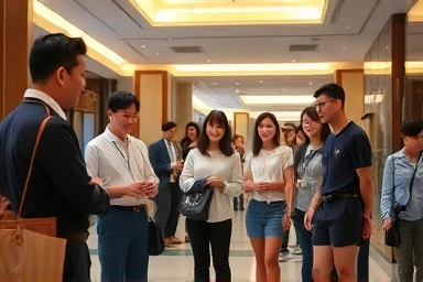 Professional hotelier assisting international tourists with a smile.