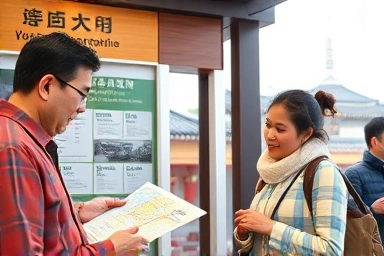 Tour guide explaining Korean attractions to foreign visitors.