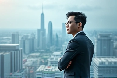 Professional looking towards future IT cityscape.