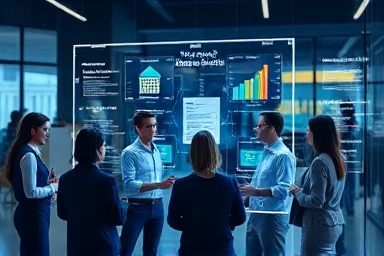 Professionals collaborating on insurtech innovation, data fusion, future finance.