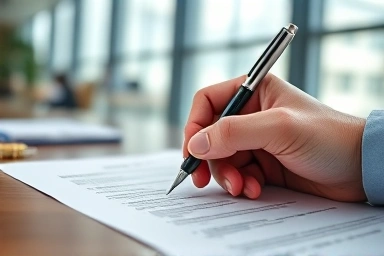 Hand preparing resume with focus on strategic planning.