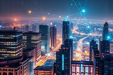 Futuristic IoT cityscape with digital networks