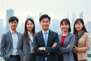 Confident IT professionals in a futuristic digital city.