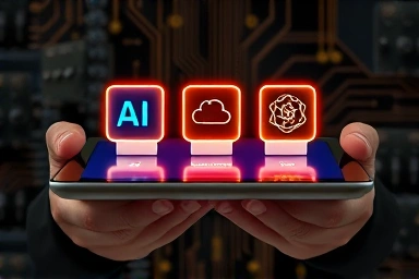Hands holding tablet with IT certification icons on circuit board background.