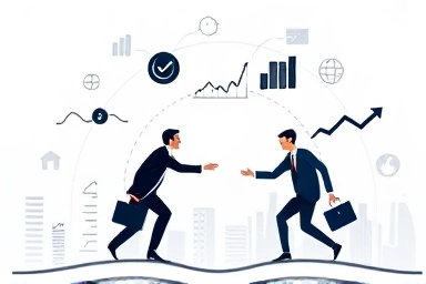 Professional navigating complex M&A deal with symbolic elements.