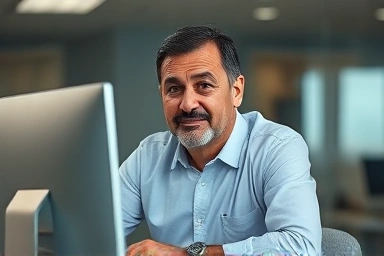 Middle-aged person succeeding in digital career with computer certification.