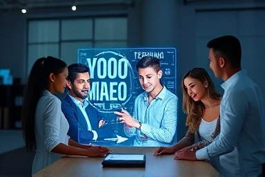 Creative professionals collaborating on digital media content with holographic technology.