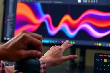 Hands expertly creating motion graphics on advanced editing software.