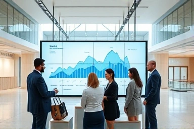 Financial professionals collaborating with data visualizations in a modern office.
