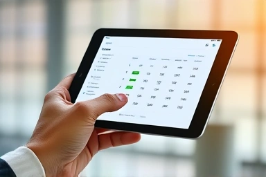 Hand holding tablet with personal financial data management interface.