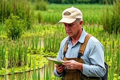 Ecologist working in a restored wetland, symbolizing expertise and restoration.