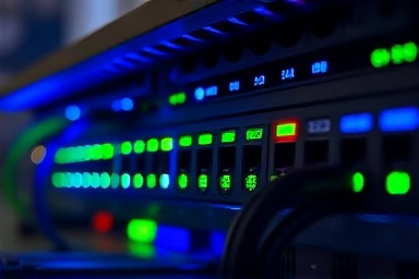 Network router with glowing lights, symbolizing connectivity.