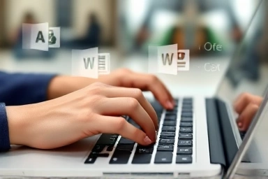 Hands typing on a laptop with office software icons.