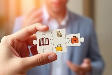 Hand assembling puzzle pieces representing OPIC survey topics for strategic exam preparation.