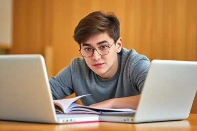 Young person studying for professional exam, focused and determined.