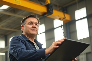 Skilled operator controlling overhead crane in factory