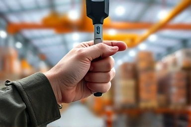 Hand gripping crane control lever in warehouse