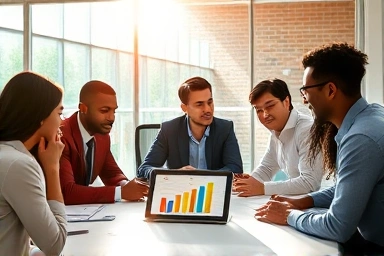 Financial technology professionals collaborating in a bright, modern office.