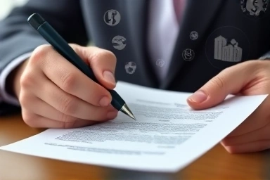 Hands examining financial regulations and symbols, representing expertise.