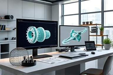 Modern industrial design studio with 3D product model on screen.