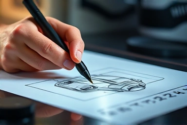 Hand sketching futuristic product design on digital tablet.